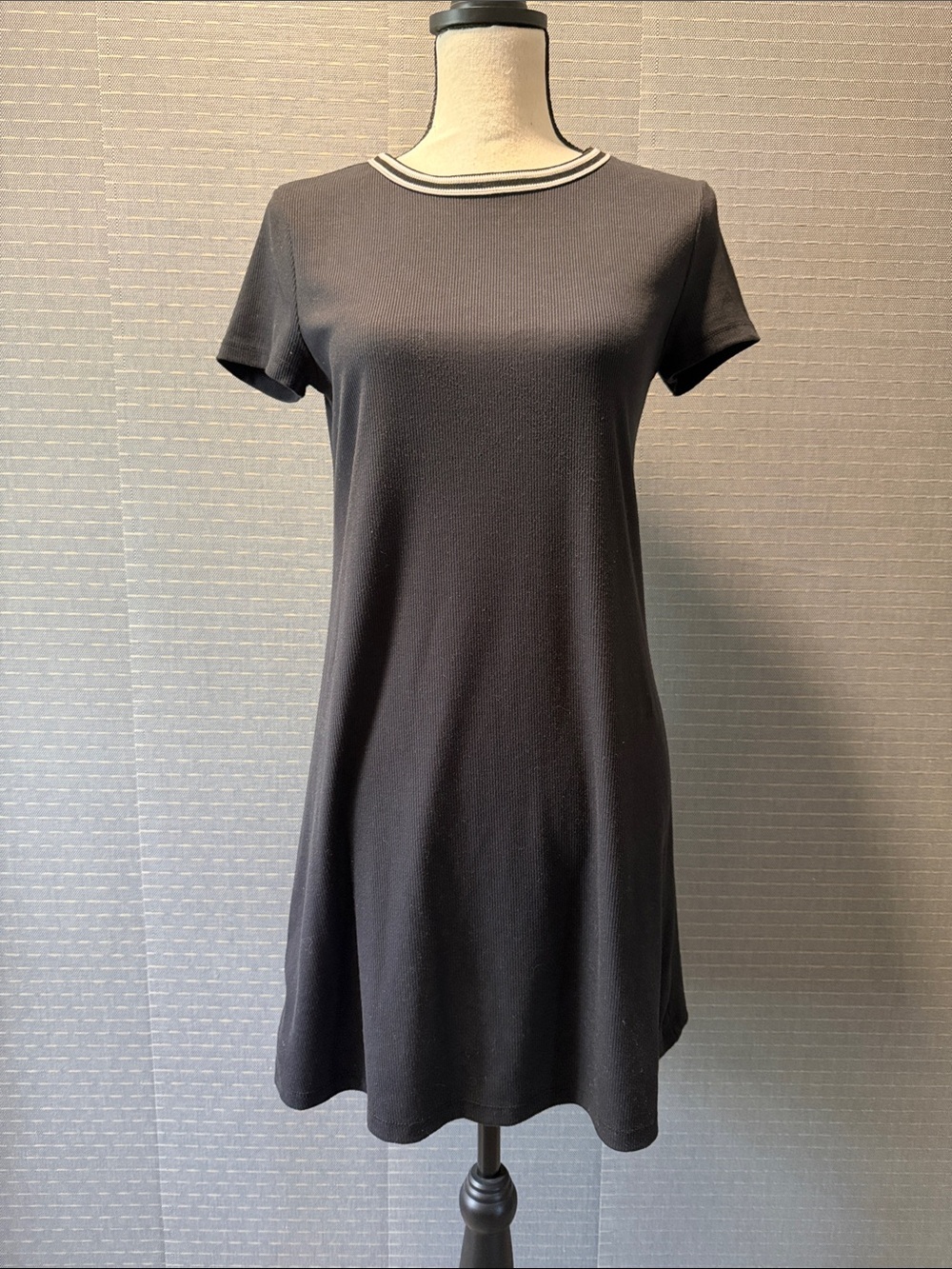 SO Short-Sleeve Ribbed Mini Dress with Striped Crew Neck